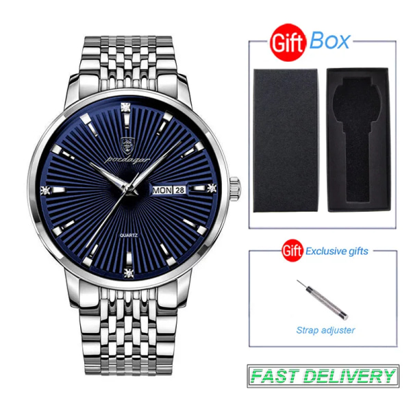 POEDAGAR Lyx Business Herrklockor Sport Märke Rostfritt Stål Lysande Vattentät Quartz Armbandsur For Man Kalender 2023 Ny silver blue and box