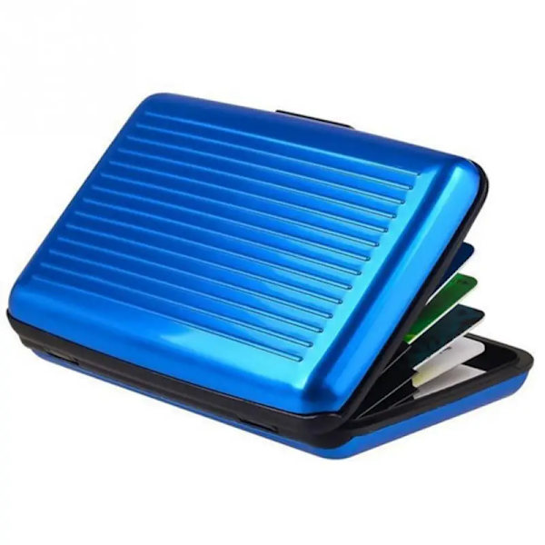 Män High-end aluminium rand Bankkorthållare Blockerande hårt case Solid Kreditkort Anti-RFID skanning Skydda korthållare Blue