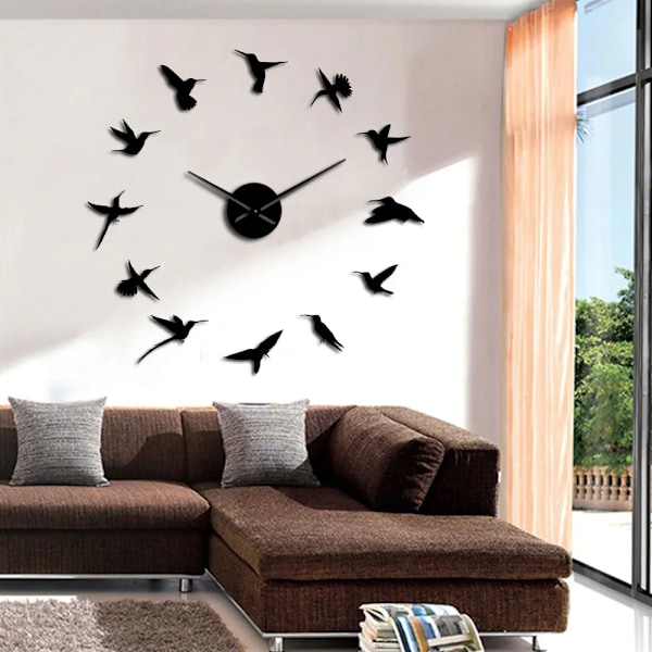 Kolibri Stor Design Väggklocka Tyst Svep Natur Djur Flyg Diy Väggur Rum Heminredning Akryl Klocka Fågelälskare Gåva Black Wall Clock
