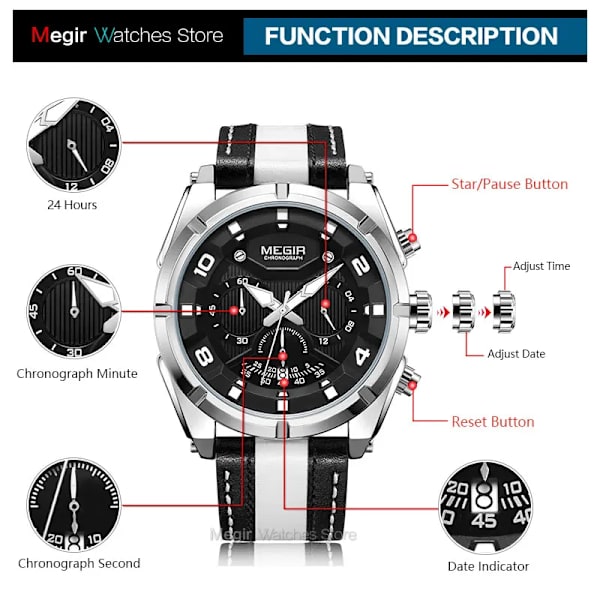 MEGIR Mode Herrkronograf Kvartsklockor Läderrem Lysande händer 24-timmars Sport Analog Armbandsur för Man 2076Vit Red Black-Box