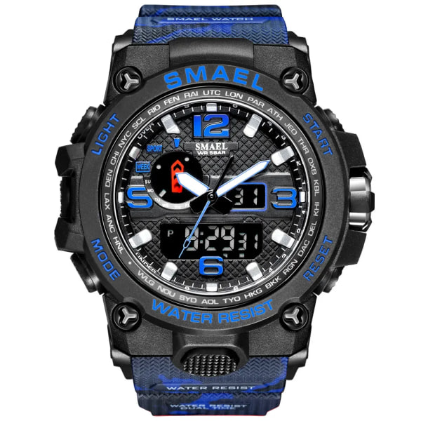 SMAEL klockor för män 50M vattentät klocka Alarm reloj hombre 1545D Dual Display Armbandsur Quartz Military Watch Sport Ny Herr CAMOBLUE