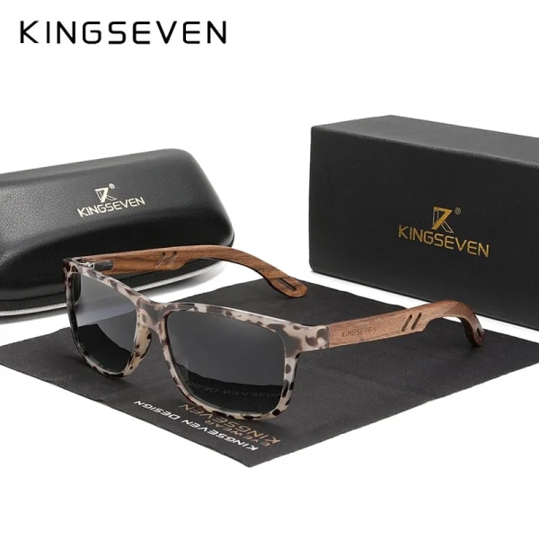 KINGSEVEN Brand Design TR90+Valnötsträ Handgjorda solglasögon Män Polariserade glasögon Tillbehör Solglasögon Förstärkt gångjärn Leopard walnut wood Original
