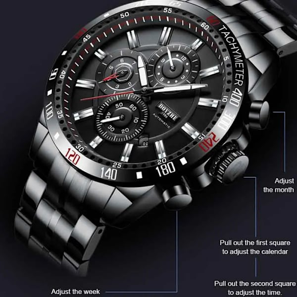 BOYZHE Män Watch Automatisk Mekanisk Watch Vecka Månad Kalender Display Lysande händer Vattentäta klockor för män Sliver Leather box