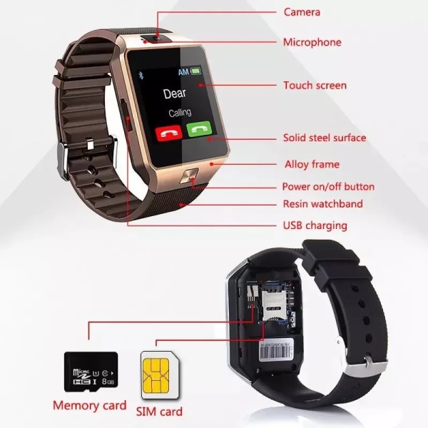 Digital pekskärm Smart Watch DZ09 Q18 Armband Kamera Bluetooth Armbandsur SIM-kort Smartwatch Ios Android-telefoner Support Gold