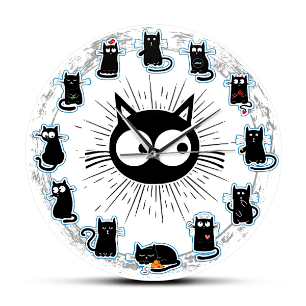 Svart Katt Glädje Stil Väggklocka Kattungar Väggkonst Tyst Klocka Cartoon Katter Barnrum Barnkammare Dekorativ Väggklocka Kattälskare Present White Frame With LED