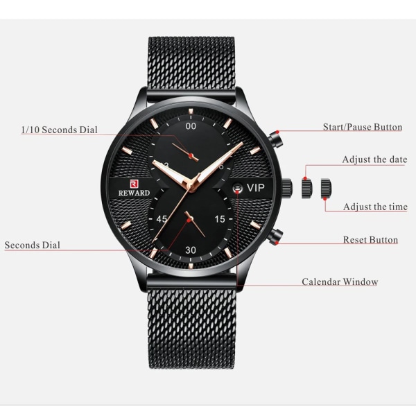 REWARD Business Herrklockor Toppmärke Lyx Chronograph Vattentät Quartz Watch Herr Rostfritt stål Sport Date Armbandsur Silver(.281)