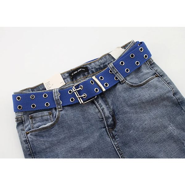 Dubbel genomföring Hål Spänne Bälte Bred Canvas Webbbälte Kvinna Man Svart Röd Vit Midjerem Bälten för Kvinnor Herr Jeans Blue 105X3.8cm