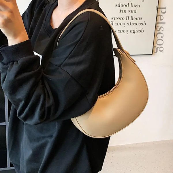 Mode Vita Axelväskor För Kvinnor Pu Läder Enfärgad Half Moon Crossbody Bag Designer Dam Handväskor Dam Underarmsväskor Khaki (20cmMax Length30cm)