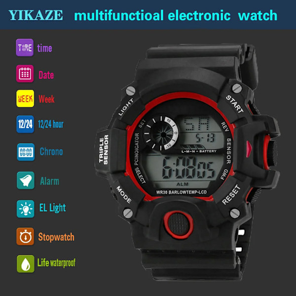 YIKAZE LED Digital watch för män Herr Sportklockor Fitness Elektronisk watch Multifunktion Militär sportklockor Klocka Barn Presenter B-Red
