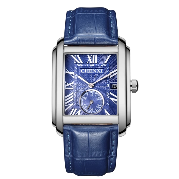 Topp lyxvarumärke fyrkantiga armbandsur för män Unik design roséguld kalender watch äkta läder kvarts Business manlig klocka Blue Silver Blue 3