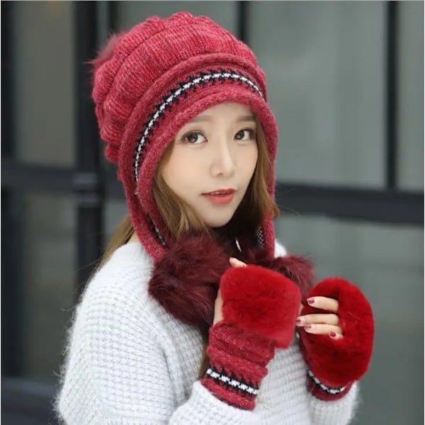 Varm Skidkeps med Pompom + Vantar Set för Kvinnor Vinter Beanie Hatt Tjock Skullies Kvinnlig Keps black Hat and glove