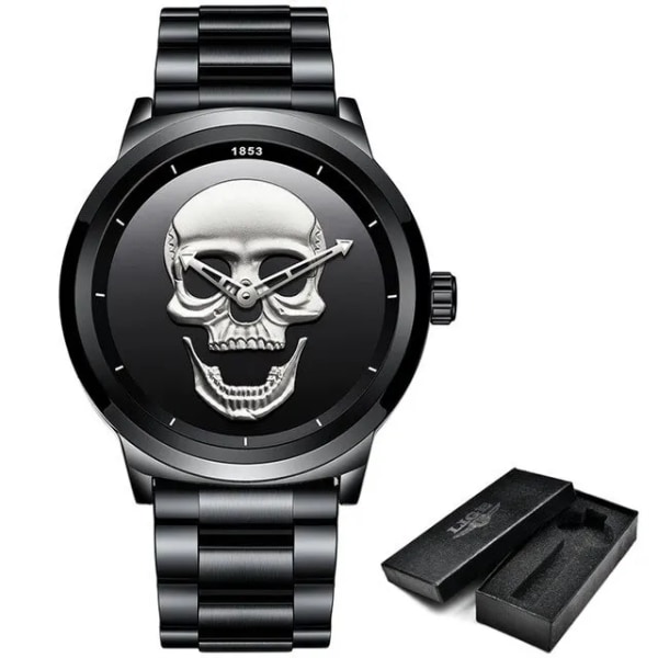 Män 3D Skull Watch Toppmärke Kvarts i rostfritt stål Klockor Män Mode Företag Vattentät Creative Clock Reloj Hombre black silver