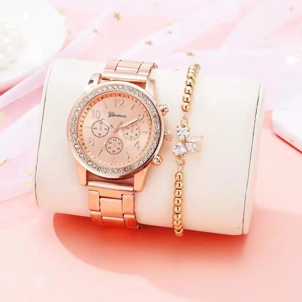 Damklockor Geneva Classic Rhinestone Watch Damklockor Dammode Guldklocka Watch Reloj Mujer Montre Femme Rose gold set