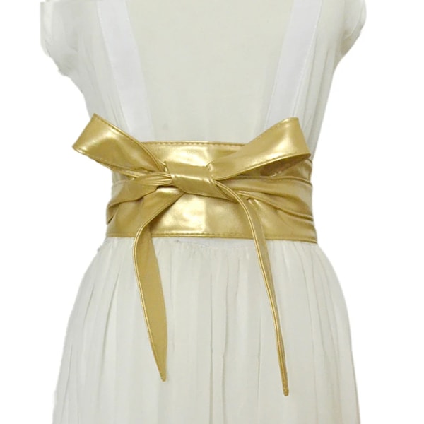 Kvinnor Snörning Pu-läderbälte Nytt Bowknot Bälten Längre Bred Bind Midjeband Slips Rosett Dam Klänning Dekoration Mode 2022 Gold one size