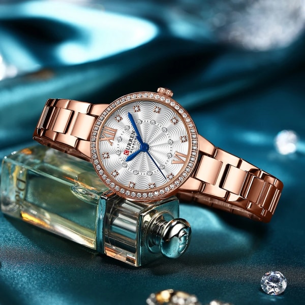 CURREN Quartz Armbandsur för kvinnor Luxury Rhinestones Rose Dial Modeklockor med band i rostfritt stål Nytt rose white