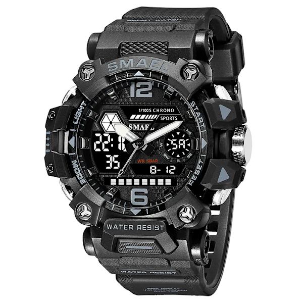 SMAEL Herrklockor 50m Vattentät Watch Military Man Watch Digital 8072 Dual Display Watch Quartz Led Digital GRAY