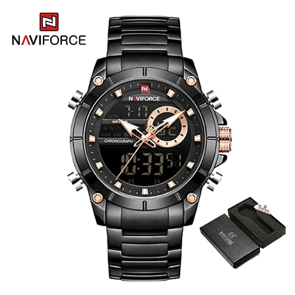 NAVIFORCE Luxury Original Watch för män Kvartsstål Vattentät Dual Display Modeklockor Relogio Masculino 9163 BB  BOX