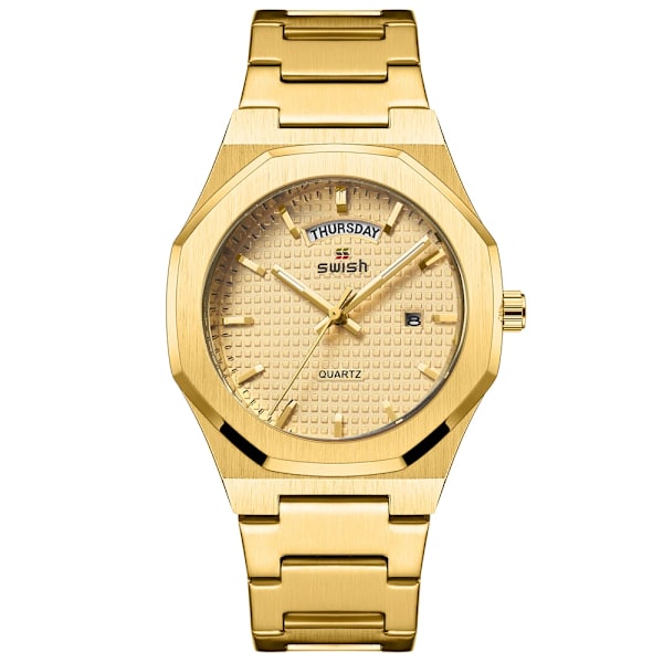 Ny åttkantig design Quartz Armbandsur Herr Klänning i gyllene rostfritt stål Watch Datum/vecka Funktioner Lyx dykarklocka Man Gold Gold