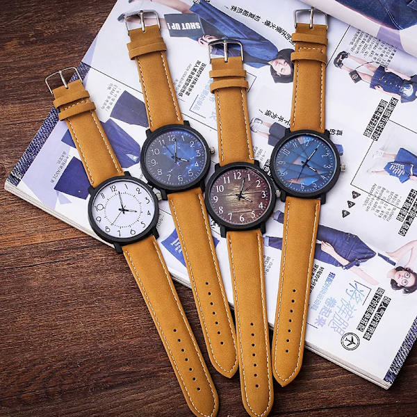 Mode Casual Steampunk Klockor Män Brunt Läderband Quartz Armbandsur Man Wood Grain Watch Drop Reloj Hombre 2021 cubebrown
