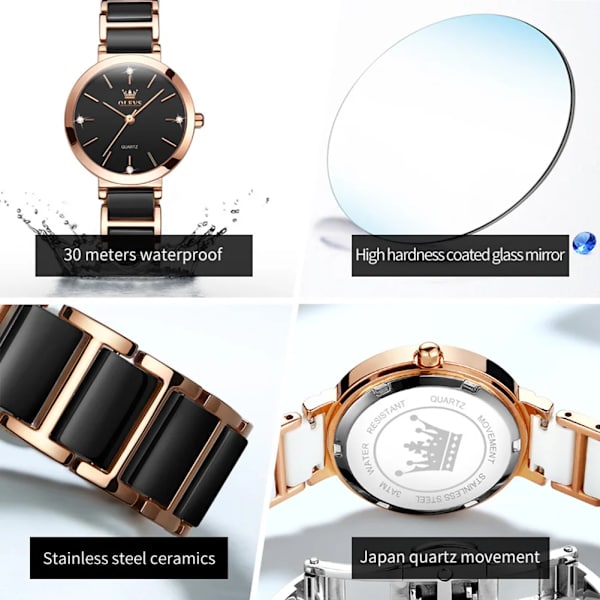 OLEVS Quartz högkvalitativa klockor för kvinnor Keramiskt band Vattentätt mode damarmbandsur Uppgraderingsversion med krona black