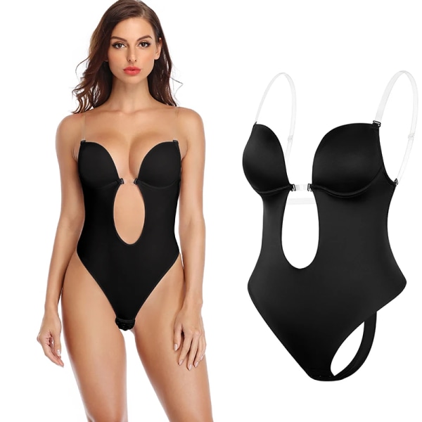 Sexig Djup V-hals Rygglös Body Shaper BH Body String String Shapewear Dam Naken Svart Osynlig Magkontroll Underkläder Bröllop Black M