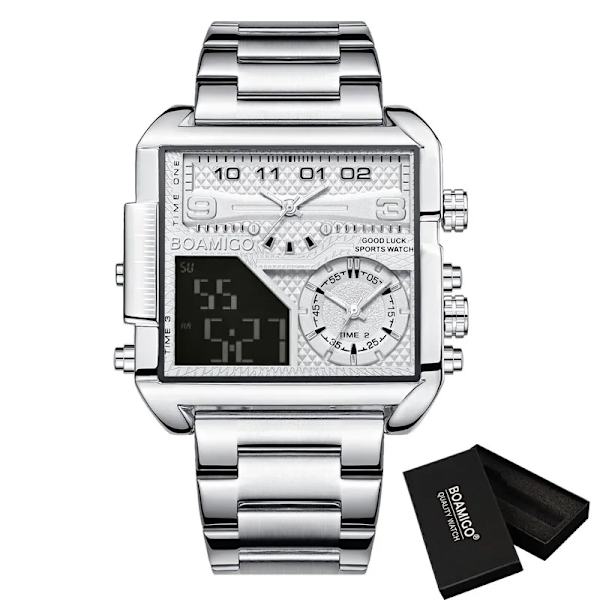 BOAMIGO Toppmärke Lyxmode Herrklockor Guld Stål Sport Fyrkantig Digital Analog Big Quartz Watch for Man relogio masculino silver white(.111)