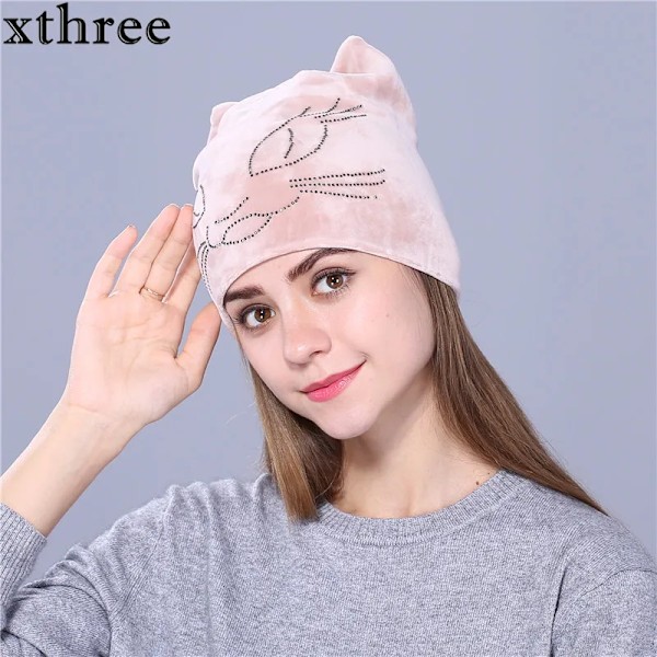 Xthree Flanell Autumn Skullies Beanies för Kvinnor Vinterhatt Söt Kitty Barnhatt för Flickor Gorras Camel