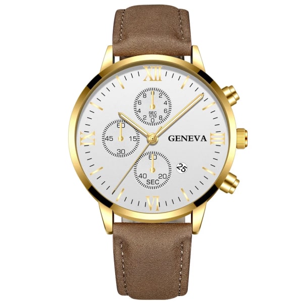 Mode Genève Män Datum Legering Case Syntetiskt Läder Analog Kvarts Watch Man Klocka Toppmärke Lyx Relogio Masculino 13 Brown-Silver-Whit