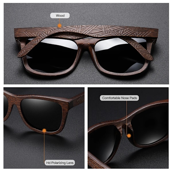GM Retro Mode Bambu Trä Polariserad Solglasögon Kör fyrkantig Solglasögon Man Goggle UV400 Kvinnor Män Märkesdesigner Brown Dark bamboo