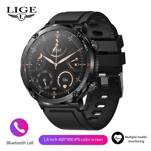 LIGE Smart Watch Herr 1,6 tum Full Touch Armband Health Monitor Sportklockor Bluetooth Call Smart Clock Herr Smartwatch Black 600mA-Bluetooth call