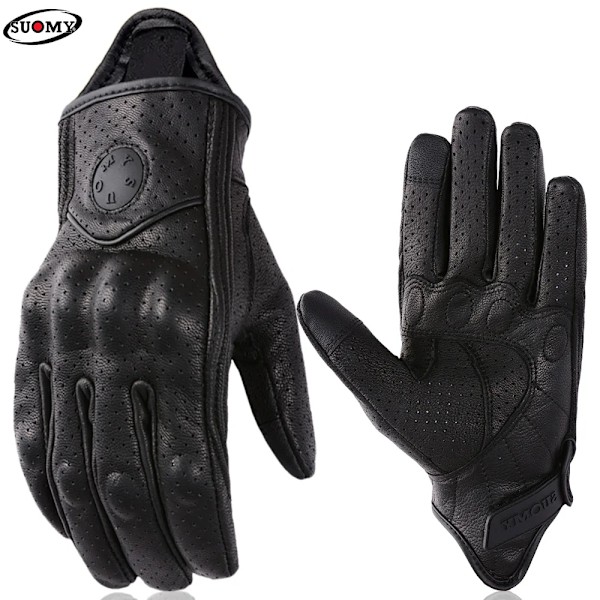 Suomy Vinatge Getläder Motorcykelhandskar Sommar Herr Perforerade Retro Läder Motorcykel Motocross Handske Dam Motorcyklist Guantes SU13 Black-Hole M
