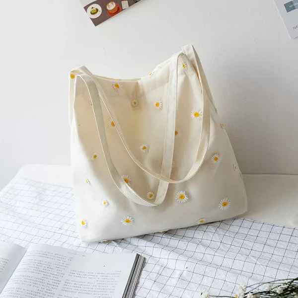 Liten tygväska i canvas för kvinnor Flickor Shopper Designer handväska Casual broderi med Daisy Virkade Söta Mesh axelväskor Beige