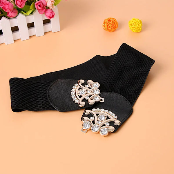 Mode smalt korsettbälte Vilt mode infällda strass, mångsidig stretch, elastisk kjol, gördel, elastiskt bälte korsettbälte Black Button 60-80cm