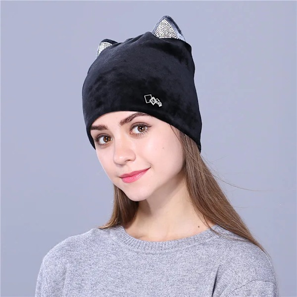 Xthree Flanell Autumn Skullies Beanies för Kvinnor Vinterhatt Söt Kitty Barnhatt för Flickor Gorras Khaki
