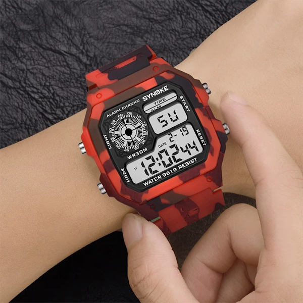 SYNOKE Klockor Män Sport Digital watch Kamouflage Militärgrönt Alarm Kronograf Multifunktion Armbandsur för män Camouflage Red