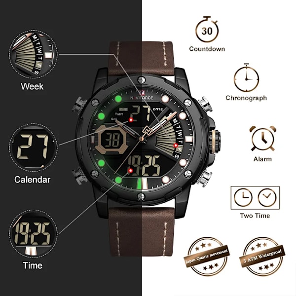 NAVIFORCE Watch Topp Lyxmärke Mode Sport Armbandsur LED Analog Digital Quartz Man Klocka Vattentät Relogio Masculino Coffee