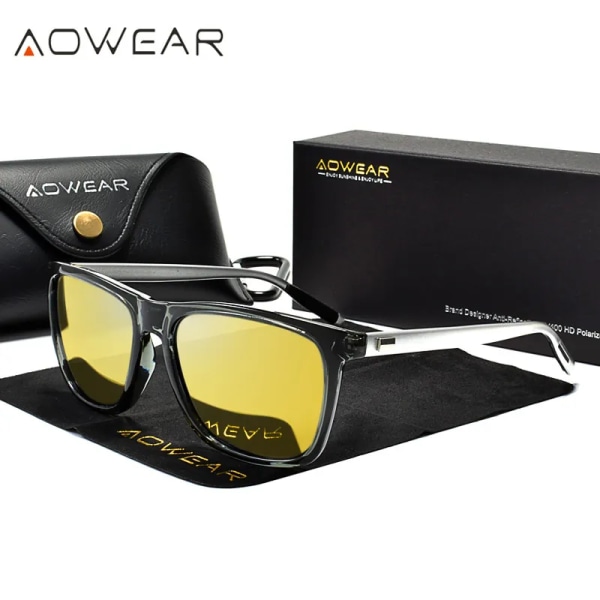 AOWEAR HD Night Vision Glasögon Herr Aluminium Gul Lens Solglasögon Herr Polariserade Night Safe Driving Goggles Oculos Gafas De Sol transparent Yellow