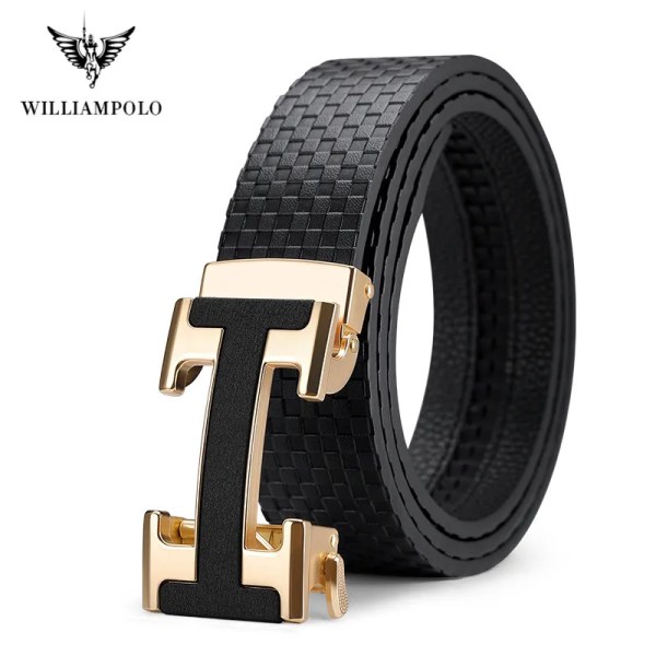 WILLIAMPOLO Herrbälte Herr Högkvalitativt Läderbälte Herr Herrband i äkta läder Lyxigt Automatiskt spänne Modejeans Gold(.2281) 120cm(.2281)