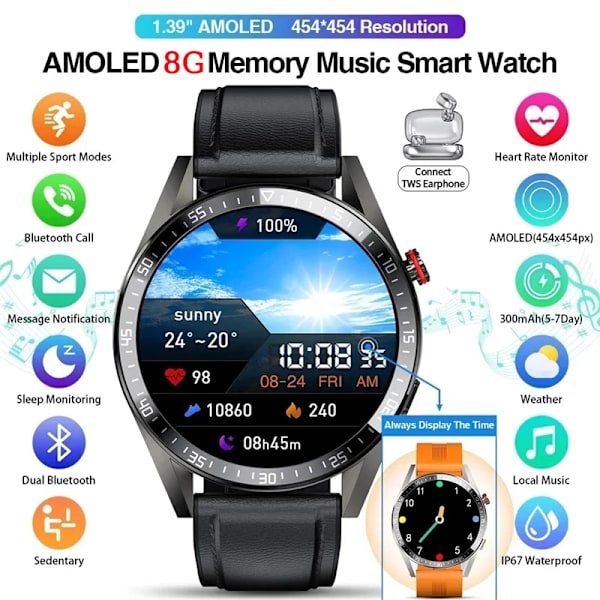 Ny Smart Watch Herr 8G Minne Lokal Musikspelare 454*454 AMOLED-skärm Bluetooth Call Sports Man Smartwatch För Huawei Steel Dark gray B Original box