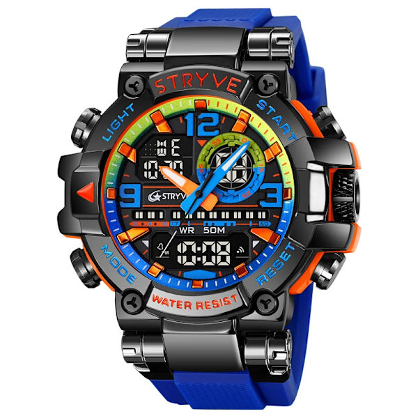 Ny STRYVE- watch för män Digital-Analog Dual Movement Lysande kalender Vattentäta klockor Mode Watch 8025 Black Blue