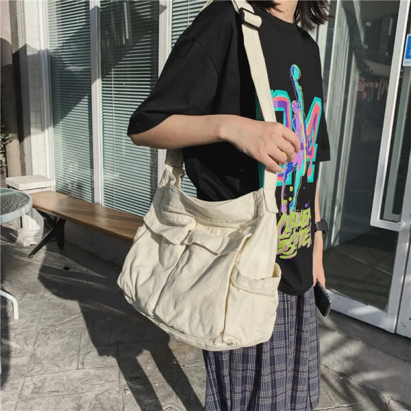 Axelväskor i canvas med stor kapacitet Solid mjuk denim Fritids- eller resväska för kvinnor Mode Fatchels Vinterpaket White Large Capacity Bag