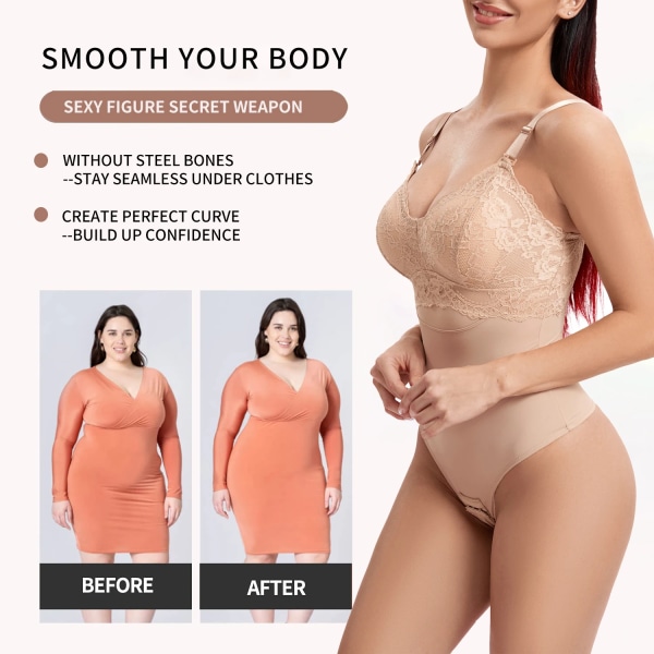 Spetstrosor Body Shapewear Kvinnor Sömlös Helkroppsformare Midja Smal Magekontroll Underkläder Platt Mage Slät Korsett Naken Style1-Black XXL