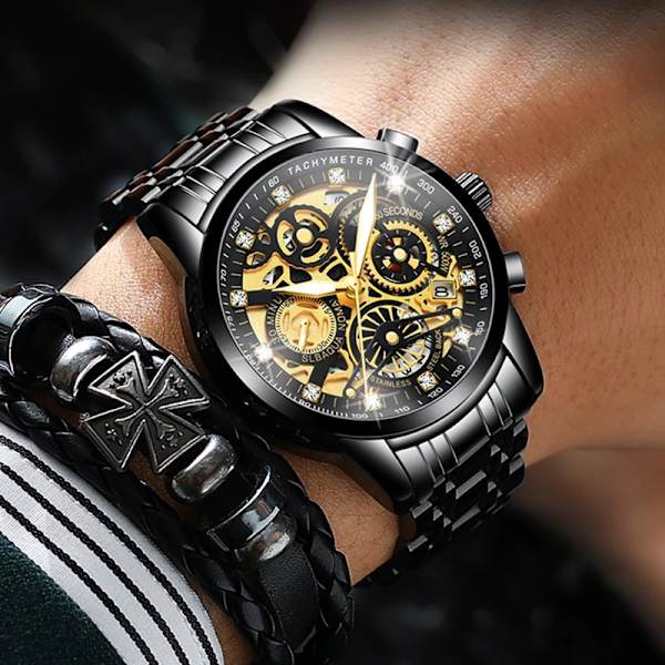 Svänghjul Roterande fönster Herrklockor Lyx Mode Lysande Date Herr Watch Vattentät Manklocka Relogio Reloj Hombre Black