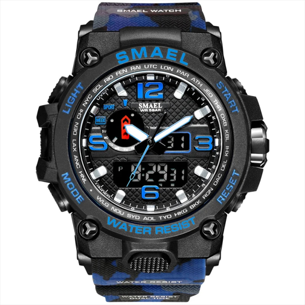 SMAEL Dual Display Digital LED Watch Pointer Typ Quartz Elektriska klockor Relogio Masculino Uomo Sportklocka 1545 CAMOBLUE