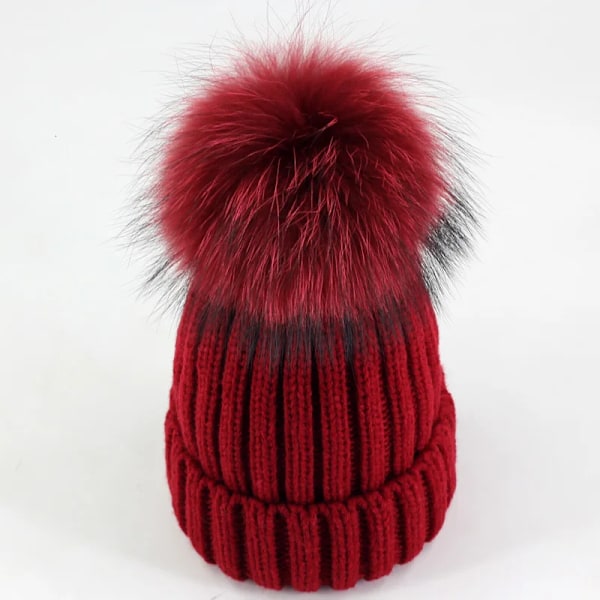 Vintermössa med Pompom i Mink och Ball Cap för Kvinnor och Flickor, Stickad Beanie, Helt Ny, Tjock Kvinnomössa, 50-54-60 cm wine red(.102) child 50-54CM