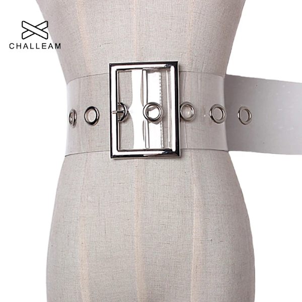 Mode Kvinnor Transparent Bredt Bälte Kvinna PVC Klara Bälten För Klänning Dam Metall Nål Spänne Sommar Vit Stora Grommet Strap 223 Transparent 105CM
