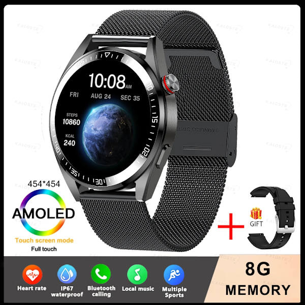 Ny Smart Watch Herr 8G Minne Lokal Musikspelare 454*454 AMOLED-skärm Bluetooth Call Sports Man Smartwatch För Huawei Mesh Belt Dark gray Original box