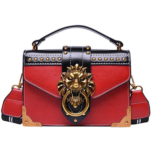 Handväskor för kvinnligt mode Lyxiga flickor Crossbody-väskor Tote Kvinna Metall Lejonhuvud Märke Axelväska Mini fyrkantig budväska Red 20cm x 15cm x 6cm