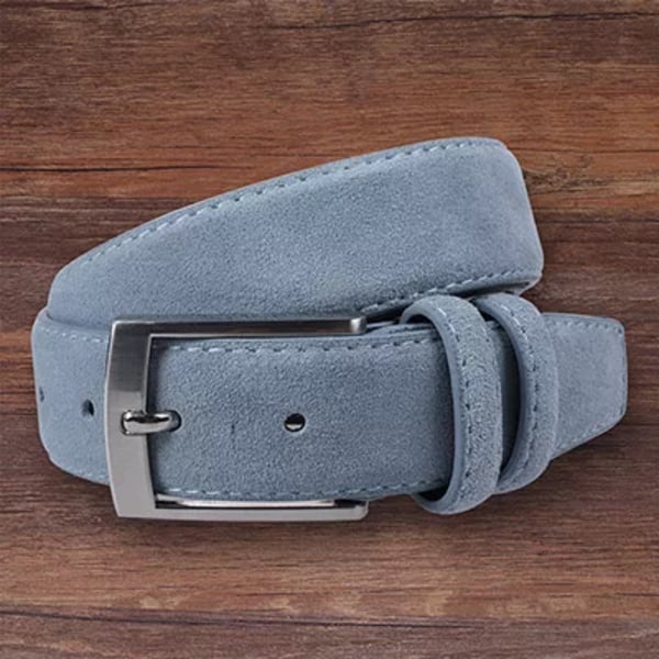 Nytt mode äkta läder mocka för herr kohudsbälte Lyxigt märke Borstad metall Spänne Lt Blue 110cm