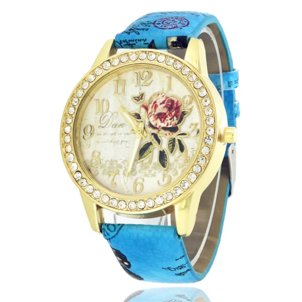 Mode Damklockor Kvinnor Printed Watch Lyx Casual Quartz Läder Watch Mode Kvinnlig Klänning Klockor Relogio Blue